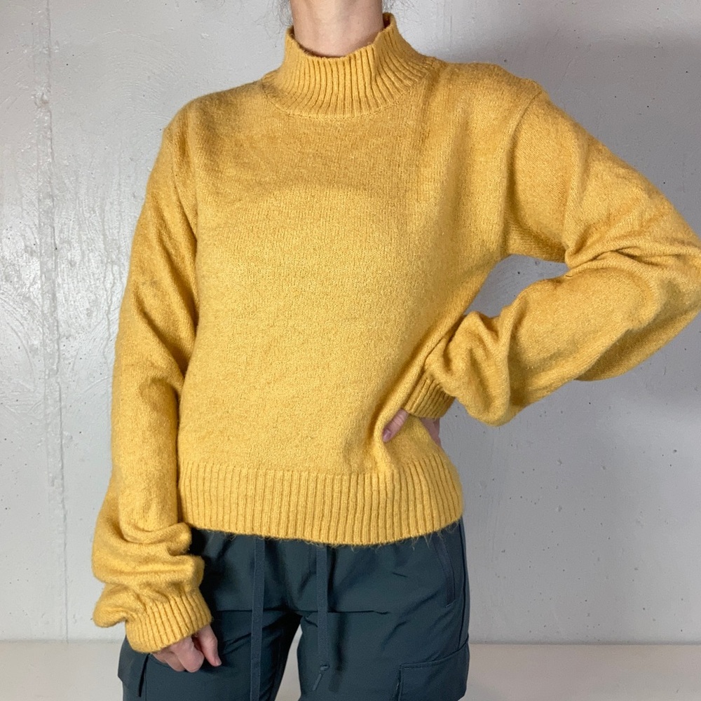 Golden Yellow Balloon Sleeve Knit Turtleneck Sweater
